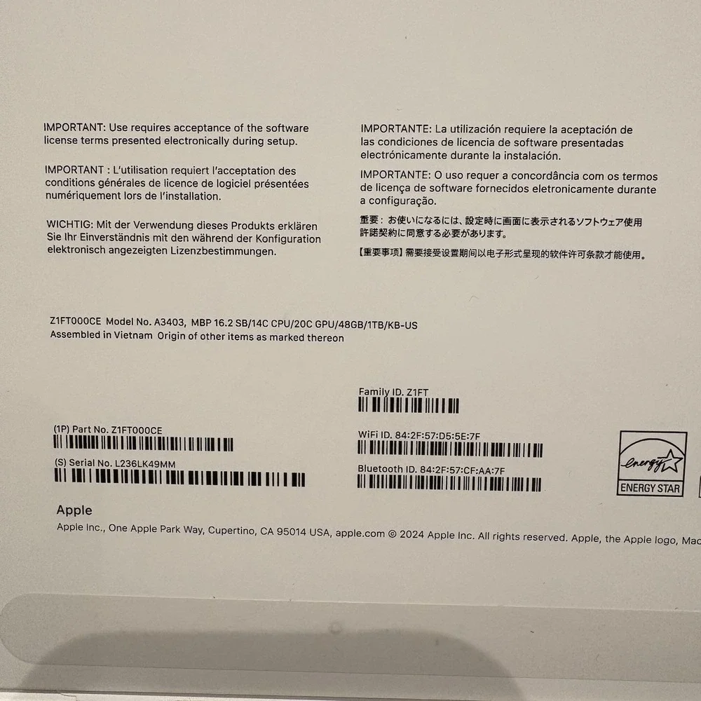 Lot Of 3 Empty Box Apple MacBook Pro 16-inch A3403 CPU/20C GPU 48GB/1TB/KB-US